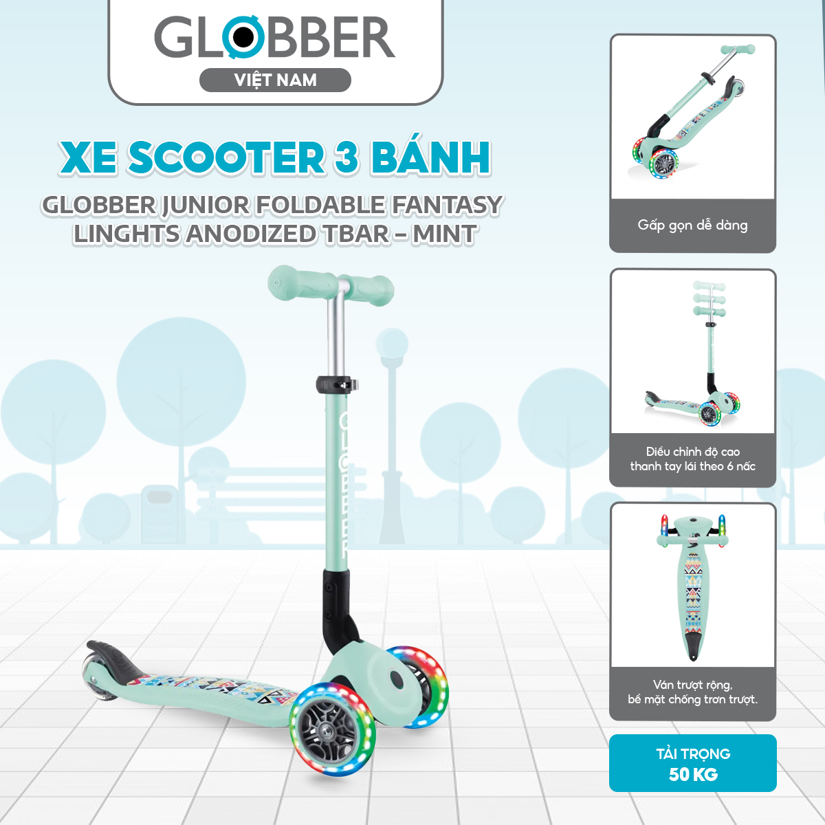 Xe Scooter 3 bánh Globber Junior Foldable Fantasy Lights Anodized Tbar từ 2 – trên 6 tuổi, Mint