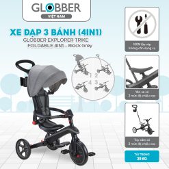 Xe đạp 3 bánh gấp gọn Globber Explorer Trike 4 in 1 từ 10 tháng - 5 tuổi, Black Grey