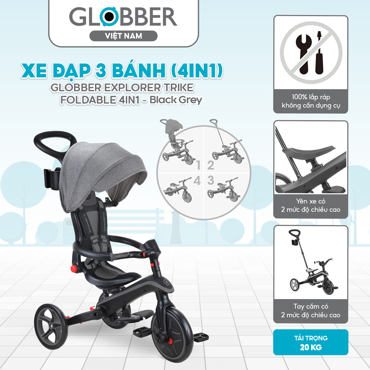 Xe đạp 3 bánh gấp gọn Globber Explorer Trike 4 in 1 từ 10 tháng - 5 tuổi, Black Grey