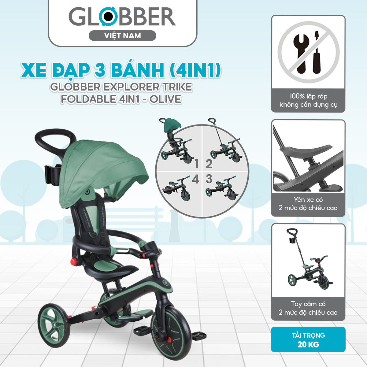 Xe đạp 3 bánh gấp gọn Globber Explorer Trike 4 in 1 từ 10 tháng - 5 tuổi, Olive