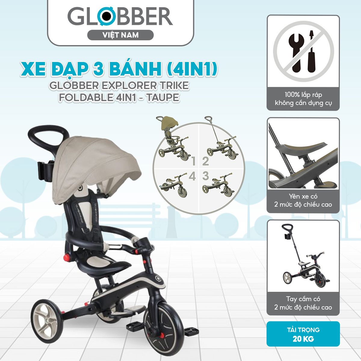 xplorer Trike Foldable 4 in 1 từ 10 tháng – 5 tuổi, Taupe