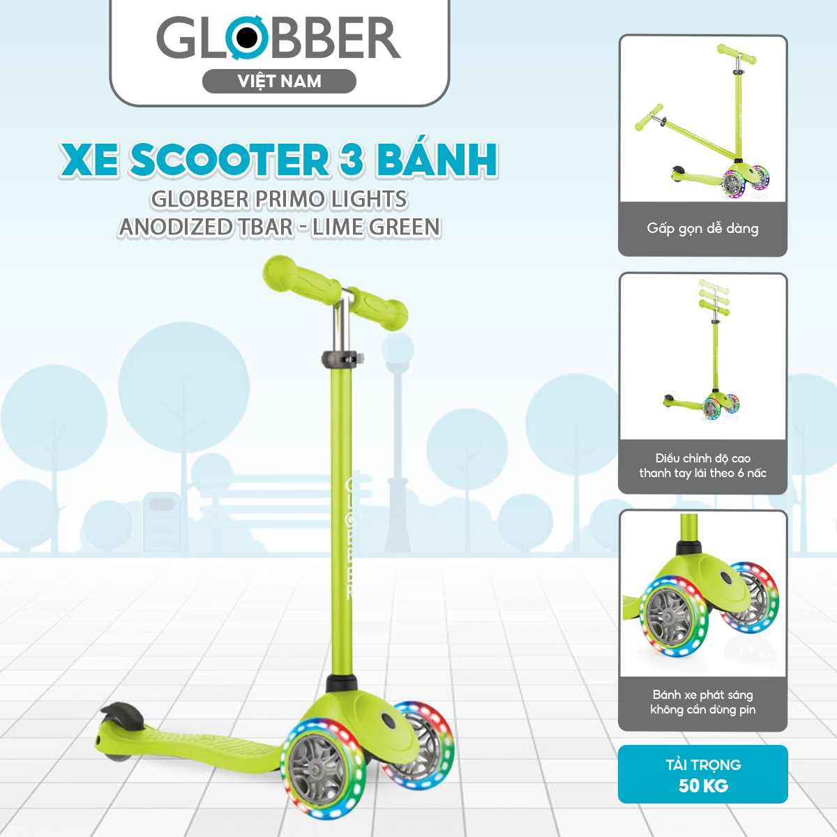Xe Scooter 3 bánh Globber Primo Lights Anodized Tbar từ 3-7 tuổi, Lime Green