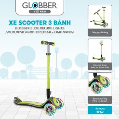 Xe Scooter 3 bánh Globber Elite Deluxe Lights Solid Desk Anodized Tbar từ 3 -9 tuổi, Lime Green