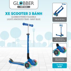 Xe Scooter 3 bánh Globber Primo Foldable Lights Anodized Tbar từ 3-7 tuổi, Navy Blue