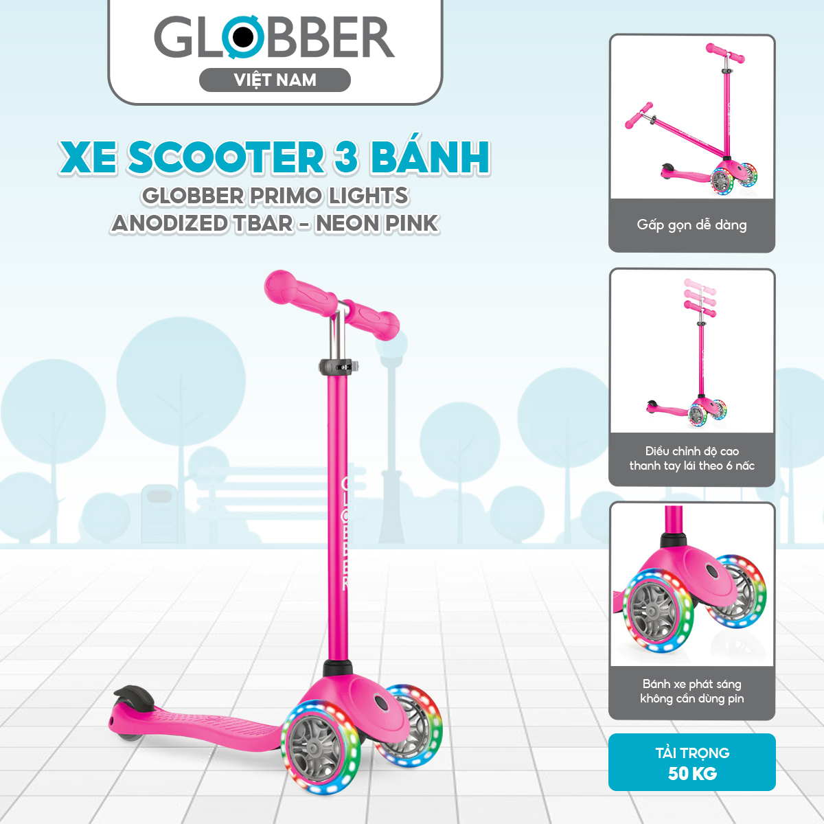 Xe Scooter 3 bánh Globber Primo Lights Anodized Tbar từ 3-7 tuổi, Neon Pink