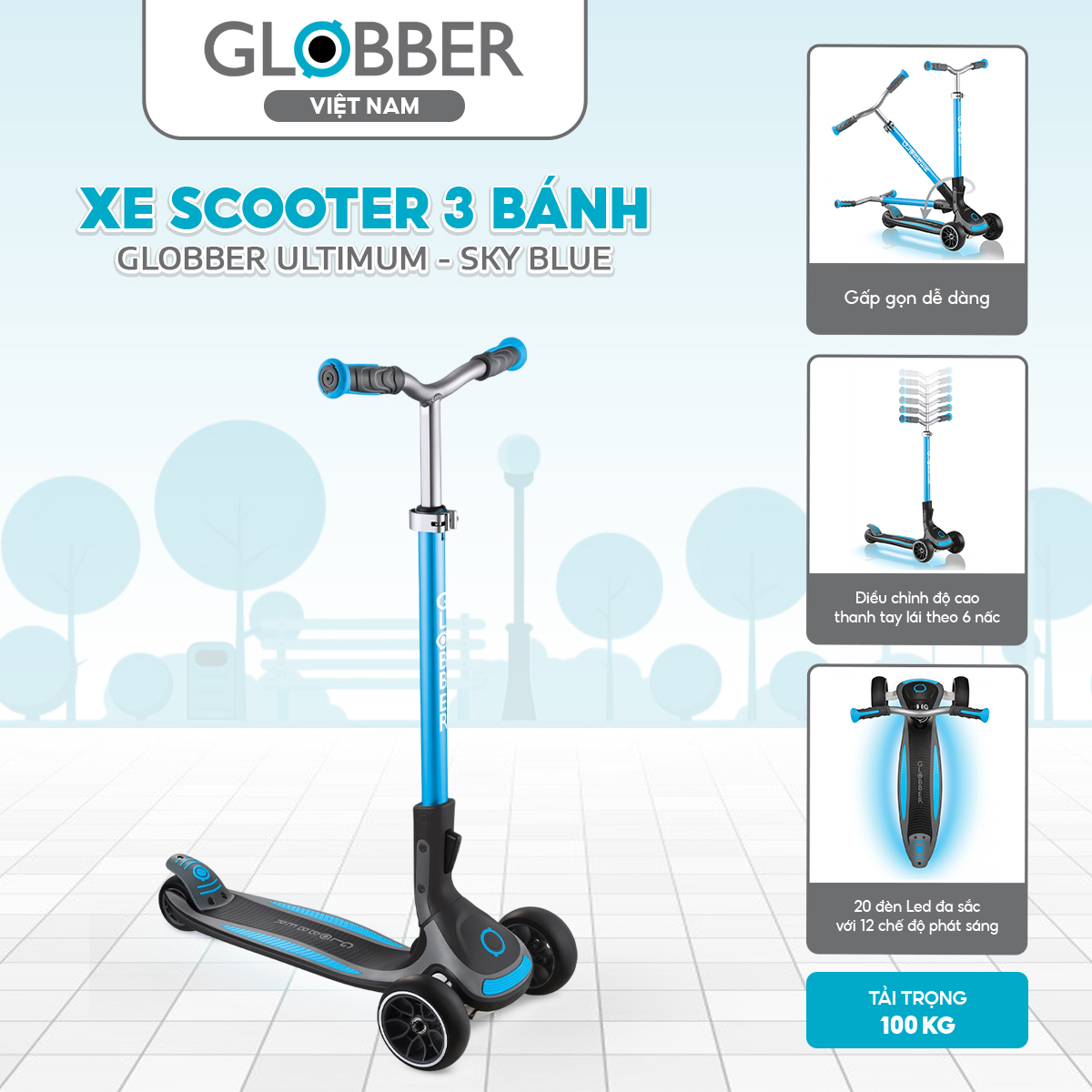 Xe Scooter 3 bánh Globber Ultimum 5 tuổi trở lên, Sky Blue