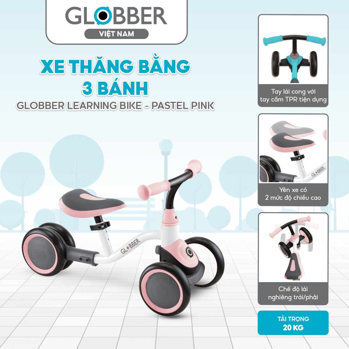 Xe thăng bằng 3 bánh Globber Learning Bike 1 - 3 tuổi, White - Pastel Pink