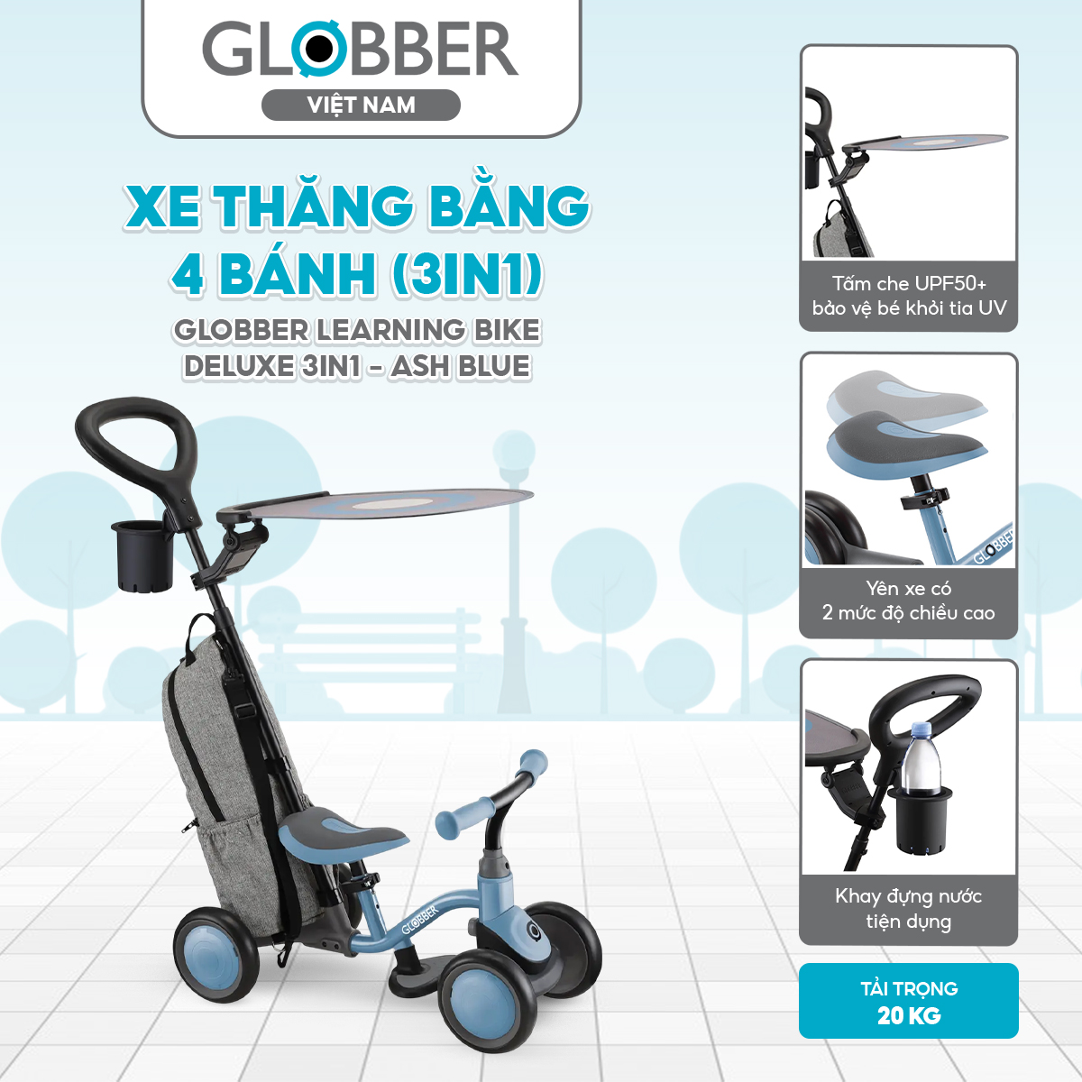 Xe thăng bằng 4 bánh Globber Learning Bike Deluxe 3 in 1 từ 1 – 3 tuổi, Ash Blue